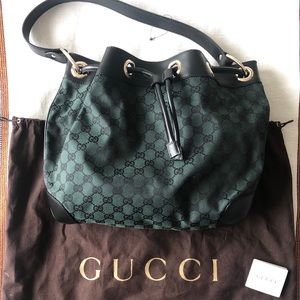 Gucci Drawstring Shoulder Bag Dark Green Canvas
